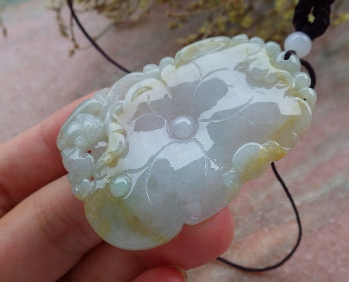 Certified Green Yellow Burma 100% Natural A Jade jadeite Pendant Bat Lotus Leaf Necklace 蝙蝠 575048 TN