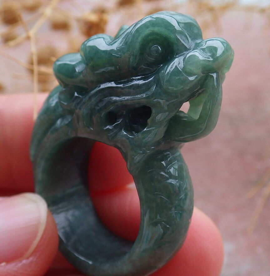 Certified Green Burma 100% Natural A JADE Jadeite Dragon RING USA. 6.5 龙戒指 636824 TN