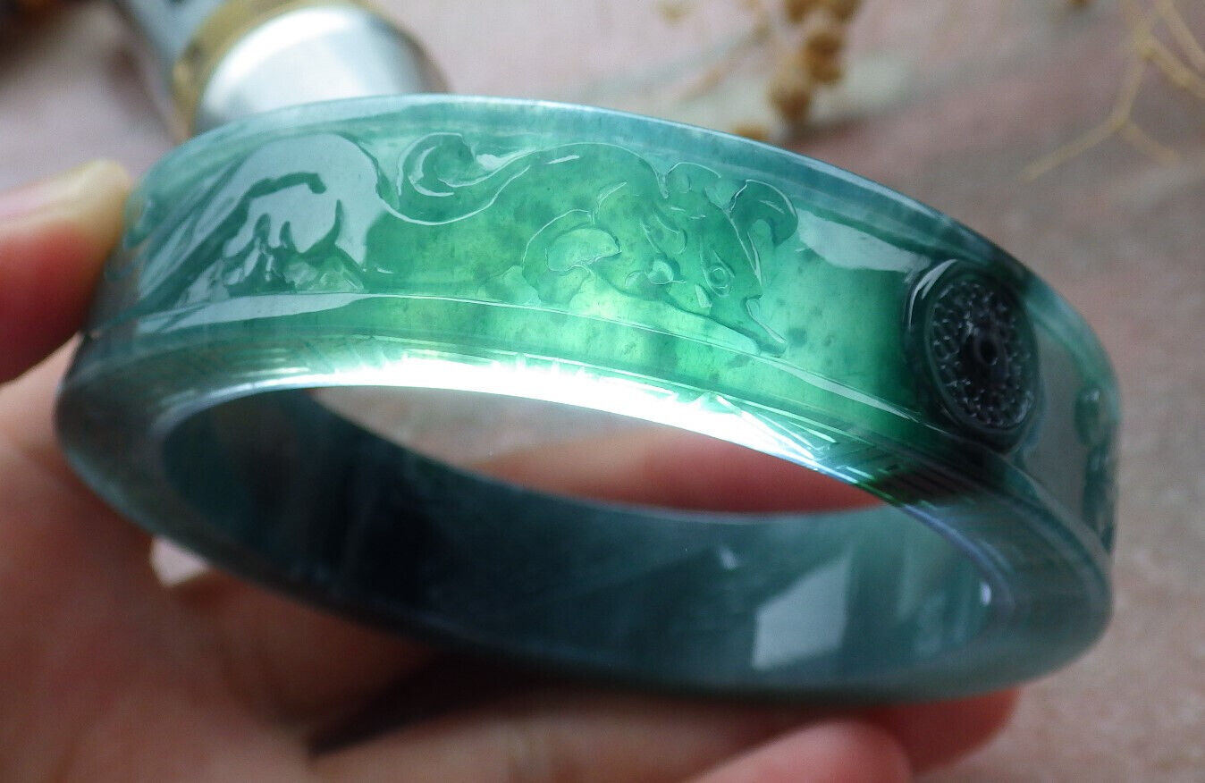Certified Icy Green Burma 100% Natural A JADE Jadeite Dragon Phoenix Bangle Bracelet 58 mm 手镯 636336 TN