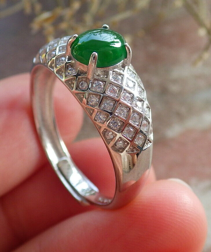 Certified Icy Green silver 0.925 Burma 100% Natural A JADE Jadeite Cabochon RING USA 10 戒指 645801 TN