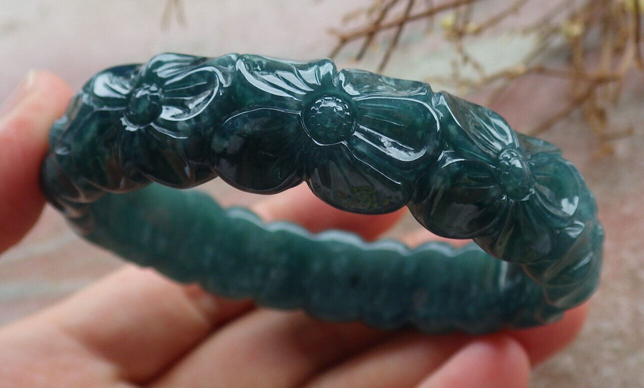 Certified Icy Blue Water Green Burma 100% Natural A JADE Jadeite Flower Bangle Bracelet 55 mm 635396 AS