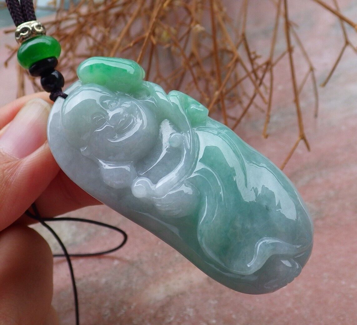 Certified Green 100% Natural A Jade jadeite pendant Happy Buddha God Necklace 开心佛 521299 TN