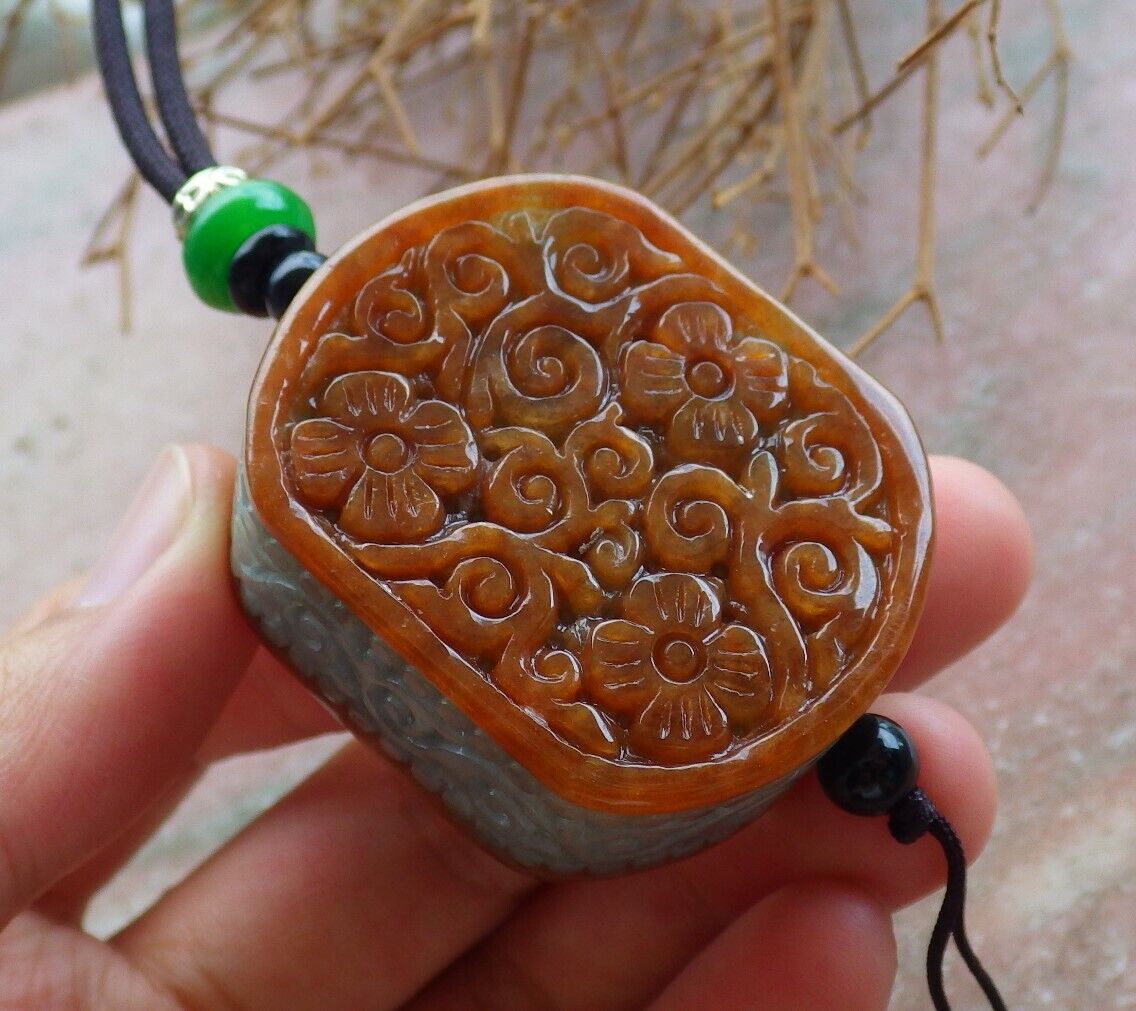 Certified Brown Red Green 100% Natural A Jade jadeite Pendant Flower Ruyi Rectangle Necklace 花平安牌 523664 TN