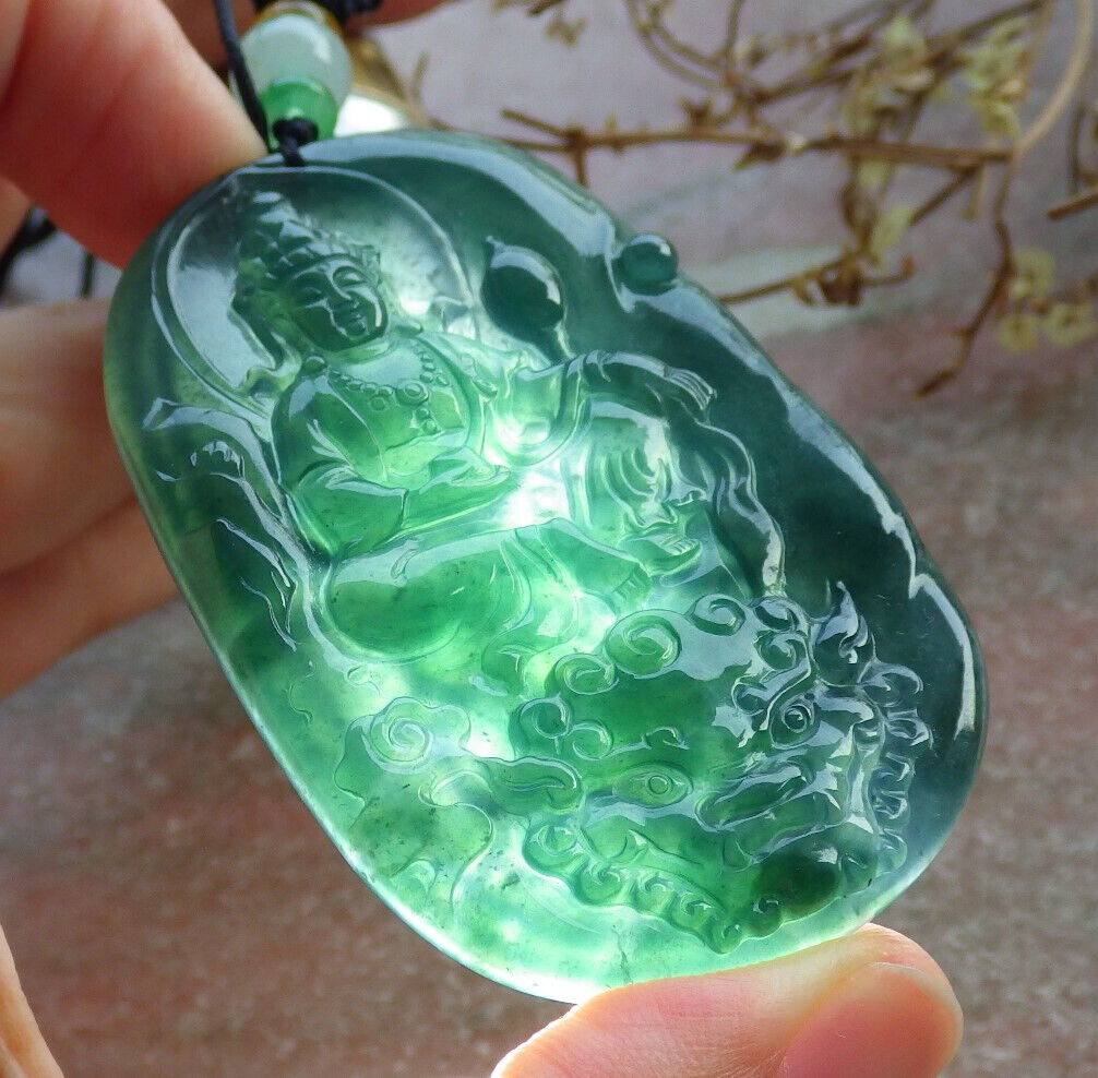 Certified Icy Blue Water Green Burma 100% Natural A Jade jadeite Pendant Guanyin Kwan Yin Dragon Flower Necklace 观音 633868 TN