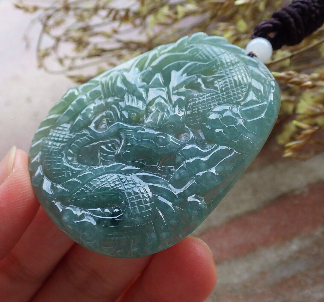 Certified Icy Green Burma 100% Natural A Jade jadeite Pendant Dragon Necklace 生意兴隆 574741 TN
