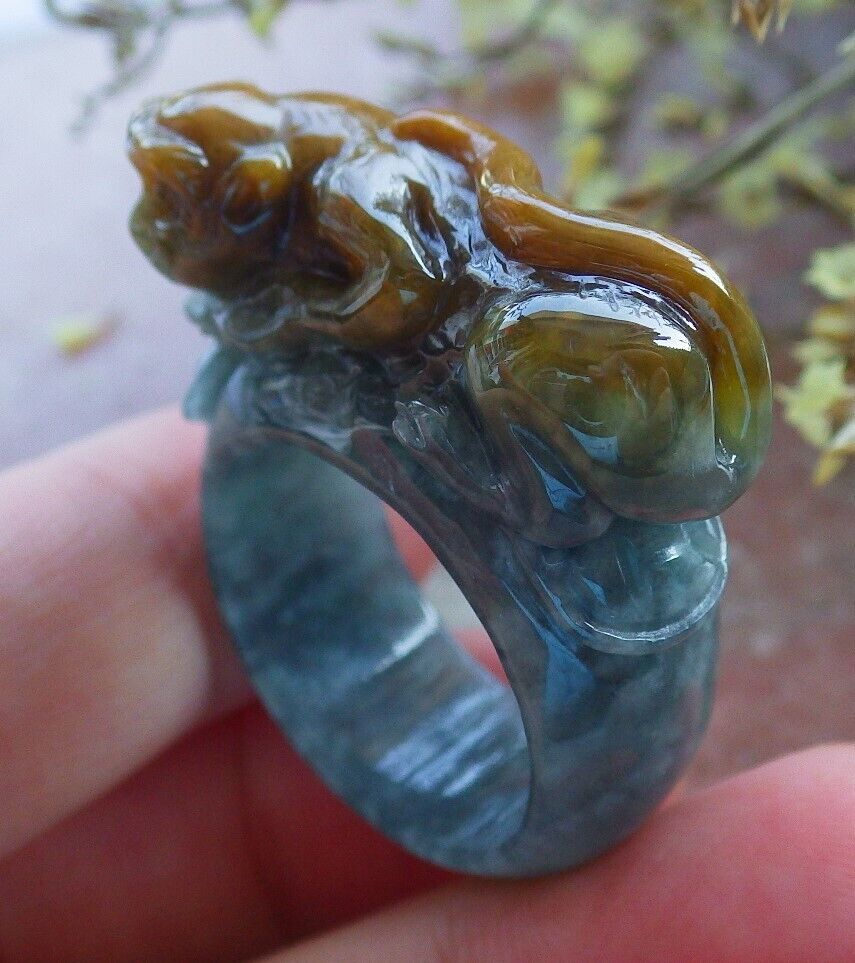 Certified Yellow Icy Green Burma 100% Natural A JADE Jadeite Monkey Coin RING USA. 10 戒指 574078 TN