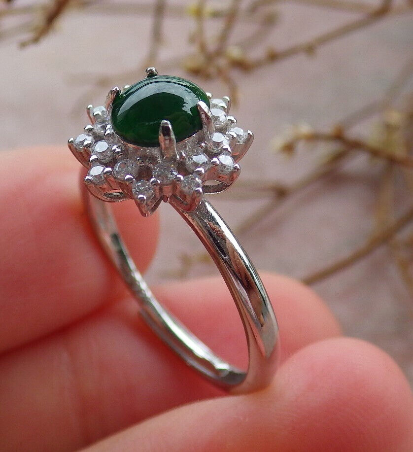 Certified Icy Green silver 0.925 Burma 100% Natural A JADE Jadeite Cabochon RING USA 7.75 戒指 635512 TN