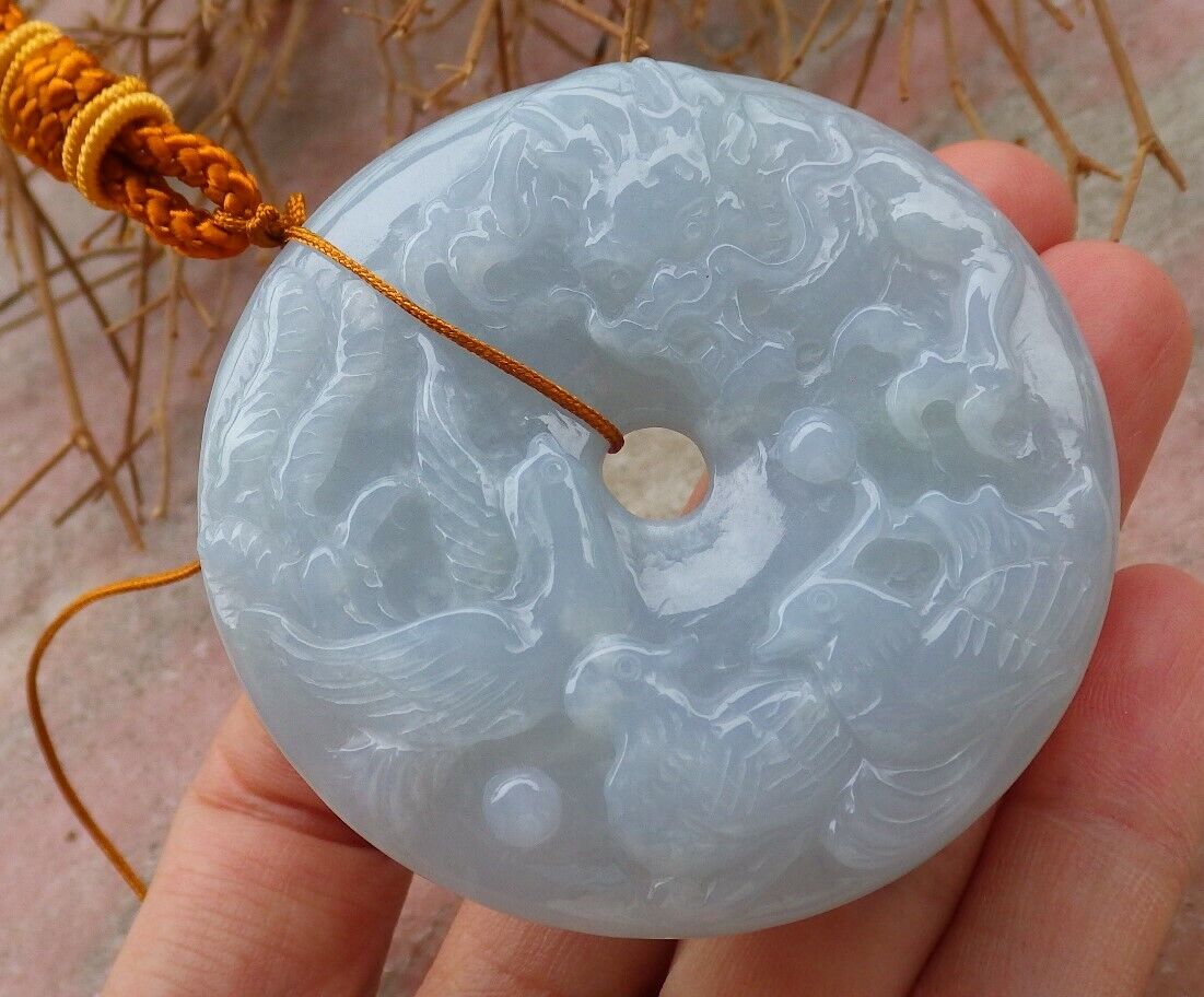 Certified Pale Green Lavender 100% Natural A Jade jadeite Dragon Phoenix 5 Bat Necklace 五福龙凤 519611 TN