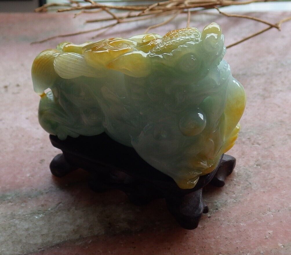 Certified Yellow Green Burma 100% Natural A Jade jadeite Display Dragon Pi Xiu Money Coin Lotus Flower Ruyi 风水貔貅 498174 TN