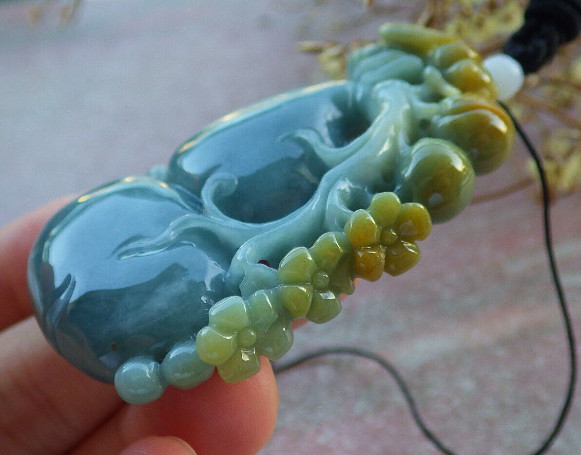 Certified Yellow Green Burma 100% Natural A Jade jadeite Pendant Bee Flower Gourd Coin Necklace 蜜蜂 635614 TN