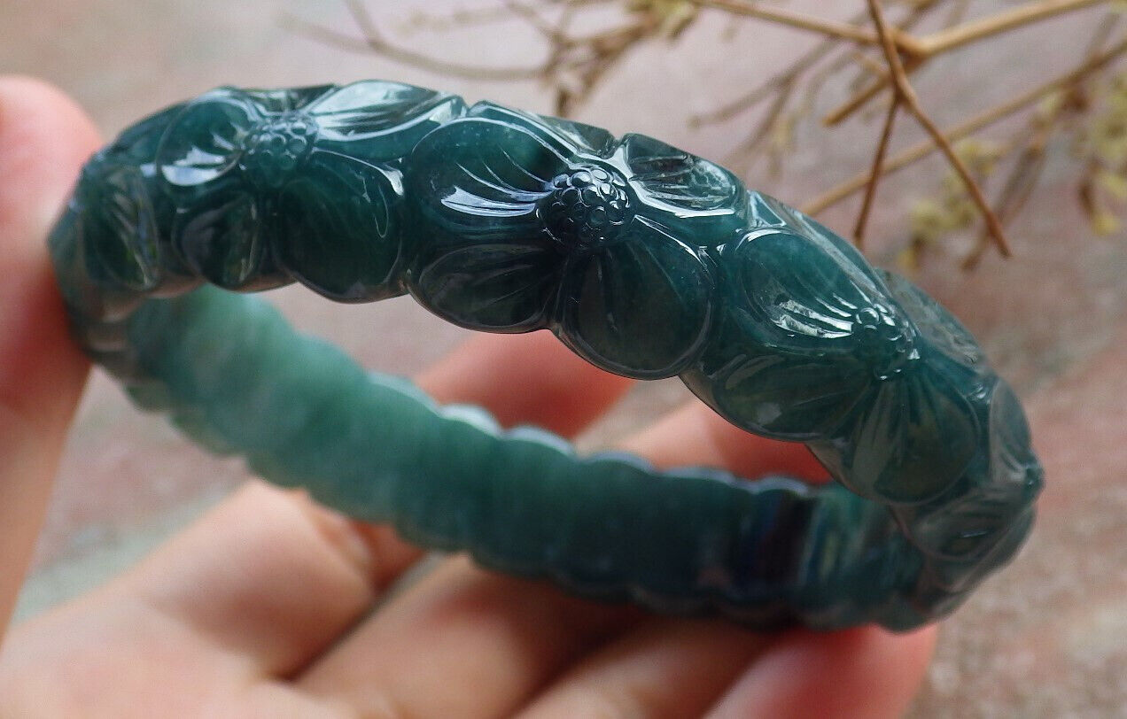 Certified Icy Blue Water Green Burma 100% Natural A JADE Jadeite Flower Bangle Bracelet 62 mm 635320 TN