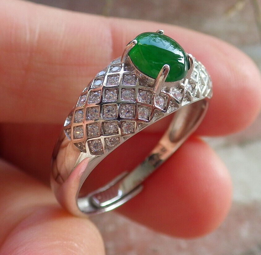 Certified Icy Green silver 0.925 Burma 100% Natural A JADE Jadeite Cabochon RING USA 10 戒指 645801 TN