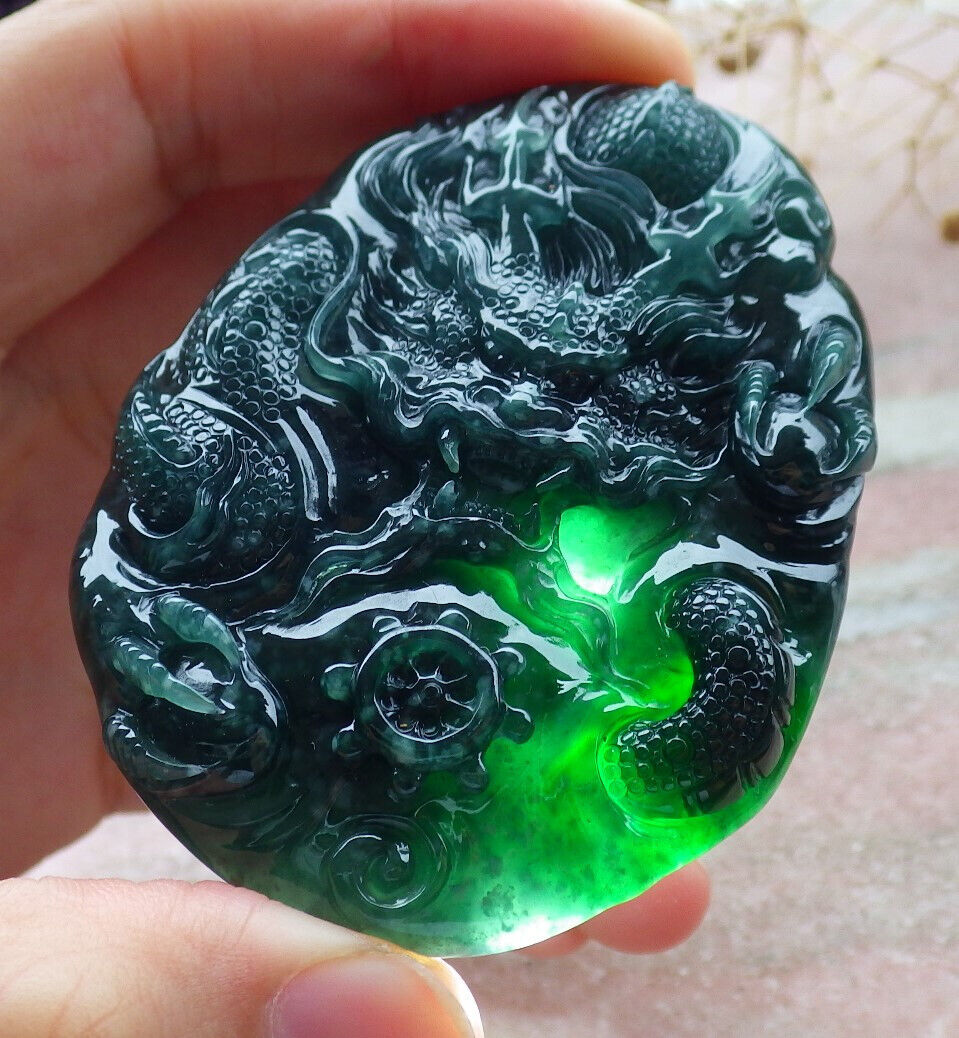 Certified Icy Green Burma 100% Natural A Jade jadeite Pendant Dragon Bead Necklace 生意兴隆 636353 TN