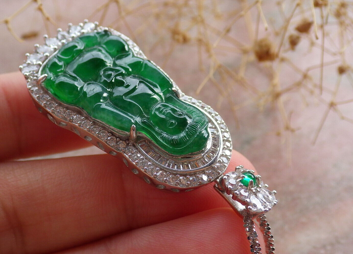 Sterling Silver 925 Certified Icy Green Burma 100% Natural A JADE Jadeite pendant Guanyin Kwan Yin Lotus Flower Necklace 观音 636112 TN