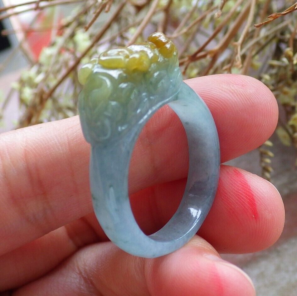 Certified Icy Yellow Green 100% Natural A JADE Jadeite Dragon Pi Xiu RING USA. 9.25 戒指 523838 TN