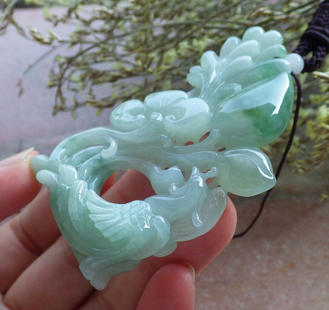 Certified Icy Green Burma 100% Natural A Jade jadeite Pendant Phoenix Peach Lotus Flower Ruyi Necklace 凤凰 574243 TN