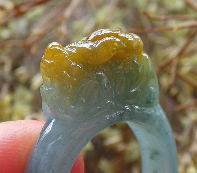 Certified Icy Yellow Green 100% Natural A JADE Jadeite Dragon Pi Xiu RING USA. 9 戒指 523749 TN