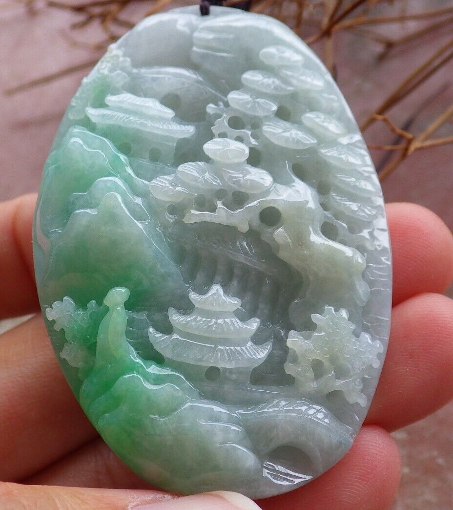 Certified Green Burma 100% Natural A Jade jadeite Landscape painting Tree Necklace 山水画 525706 TN