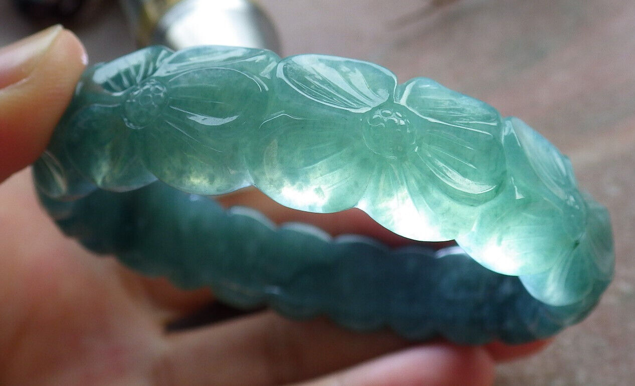 Certified Icy Green Burma 100% Natural A JADE Jadeite Flower Bangle Bracelet 55 mm 635451 AS