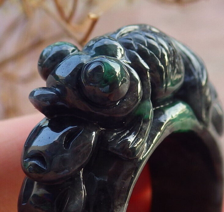 Certified Black Green Burma 100% Natural A JADE Jadeite Gold Fish RING USA. 12.5 戒指 634303 TN
