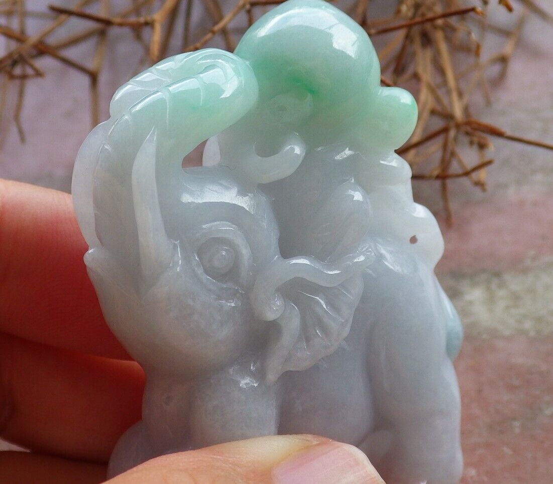Certified Green Pale Lavender 100% Natural A Jade jadeite Display Elephant Monkey Peach 封侯拜相 528499 TN** Include woodstand **