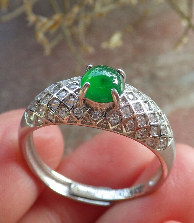 Certified Icy Green silver 0.925 Burma 100% Natural A JADE Jadeite Cabochon RING USA 10.75 戒指 645789 TN