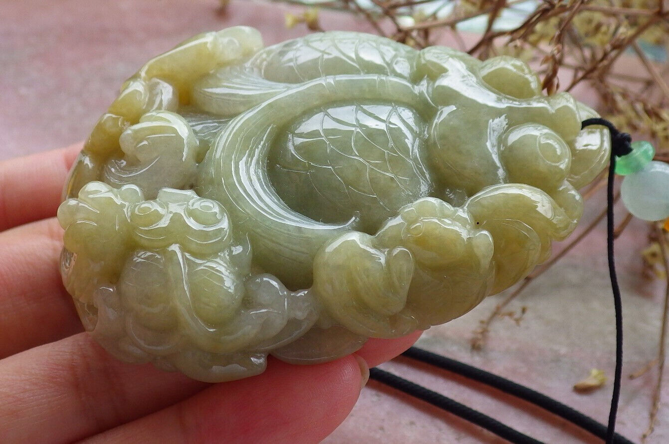 Certified Yellow Green Burma 100% Natural A Jade jadeite pendant Gold Fish Bat Lotus Leaf Coin Necklace 金玉满堂 632625 TN