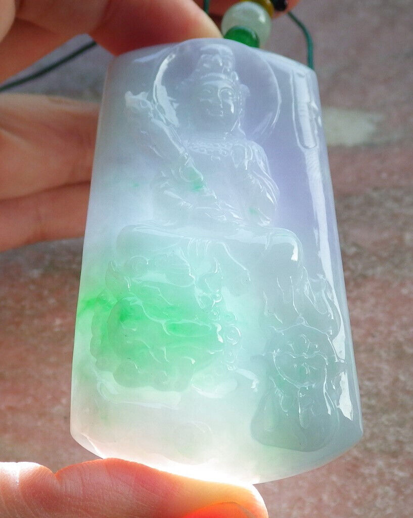 Certified Green Pale Lavender Burma 100% Natural A Jade jadeite Pendant Guanyin Kwan Yin Dragon Necklace 观音 633824 TN