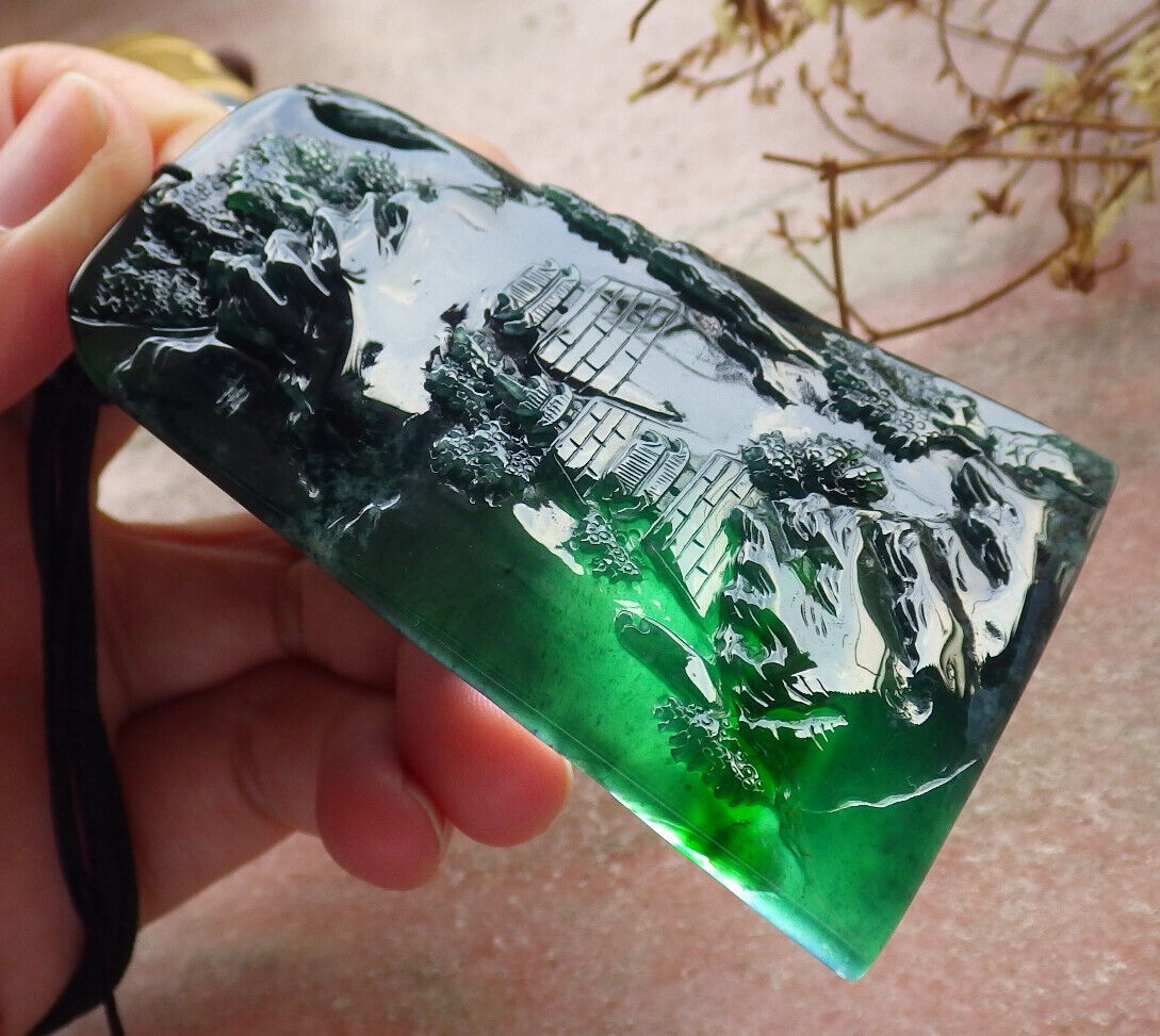 Certified Icy Blue Water Green Burma 100% Natural A Jade jadeite Landscape painting Tree Necklace 山水画 634014 TN