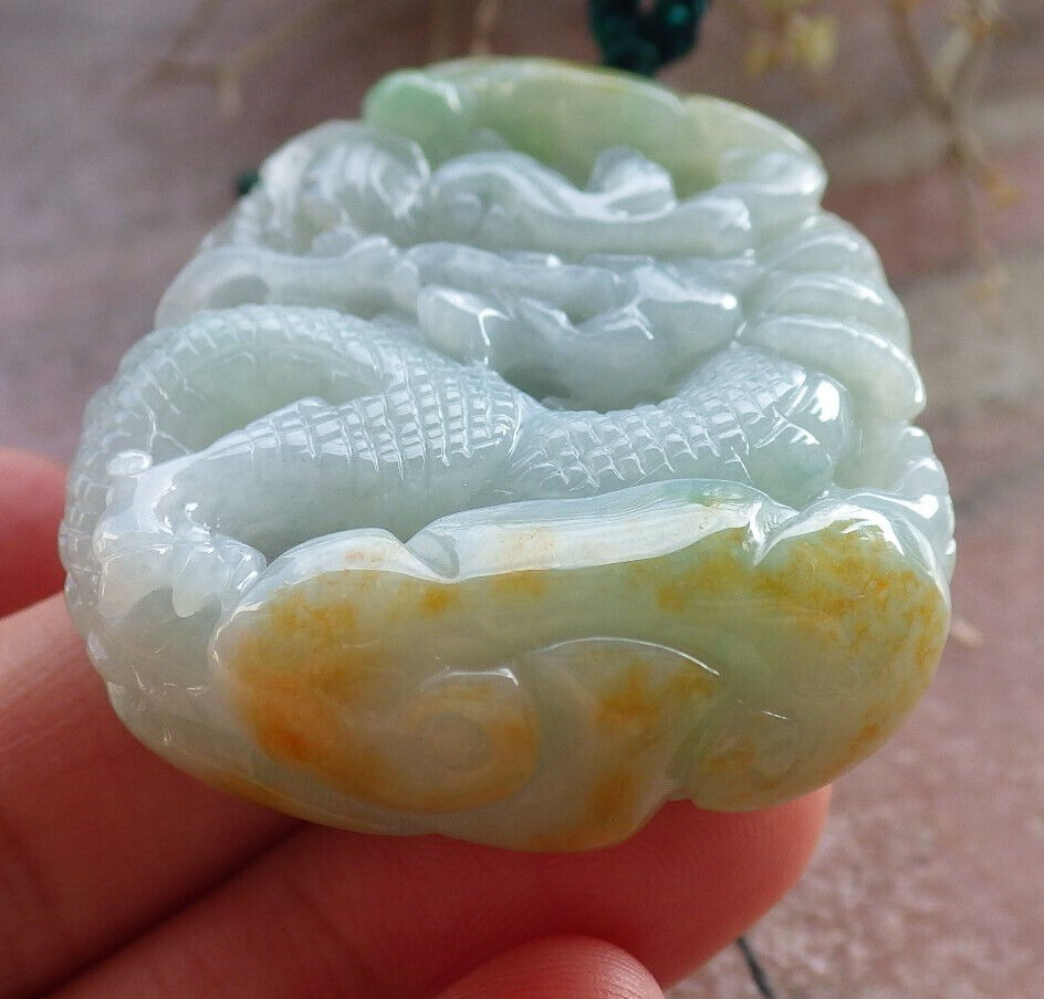 Certified Yellow Green Burma 100% Natural A Jade jadeite Pendant Dragon Ruyi Bead Necklace 生意兴隆 646776 TN