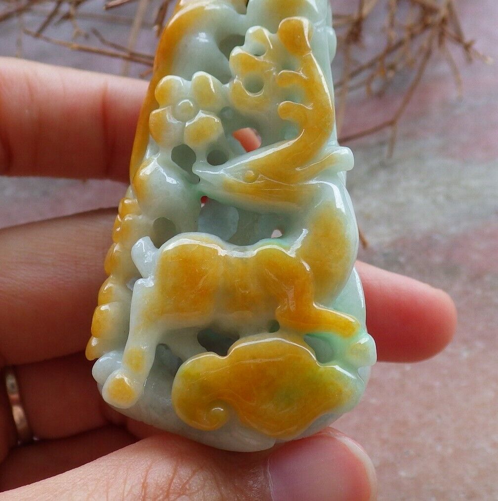 Certified Yellow Green 100% Natural A Jade jadeite Pendant Deer Flower Ruyi Necklace 梅花鹿 526346 TN