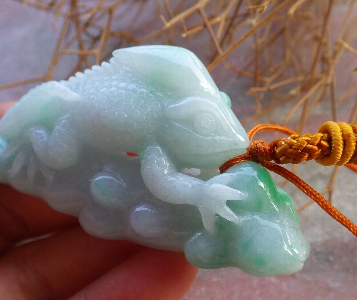 Certified Green 100% Natural A Jade jadeite Pendant Dragon Lizard Tree Leaf Necklace 龙蜥蜴 520041 TN