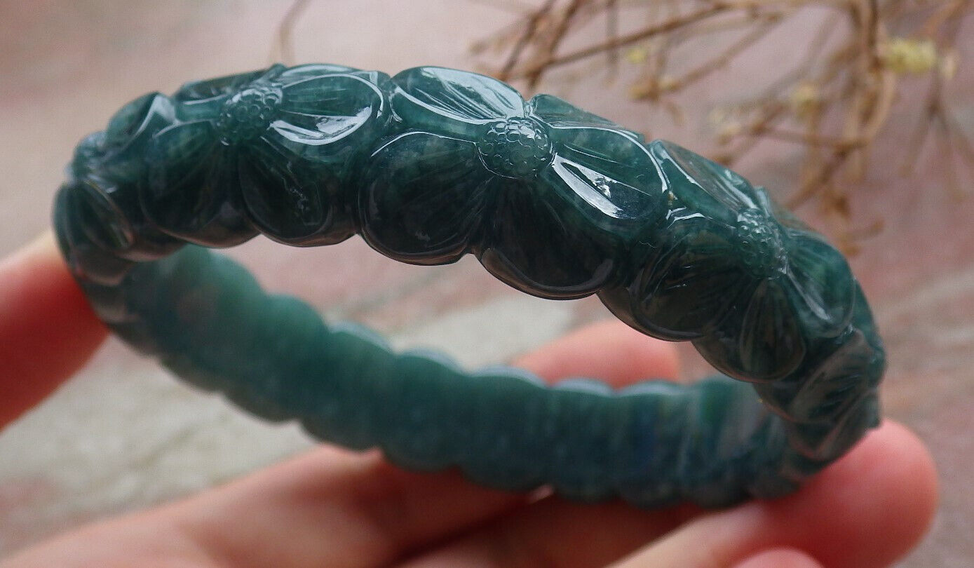 Certified Icy Green Burma 100% Natural A JADE Jadeite Flower Bangle Bracelet 60 mm 635415 AS