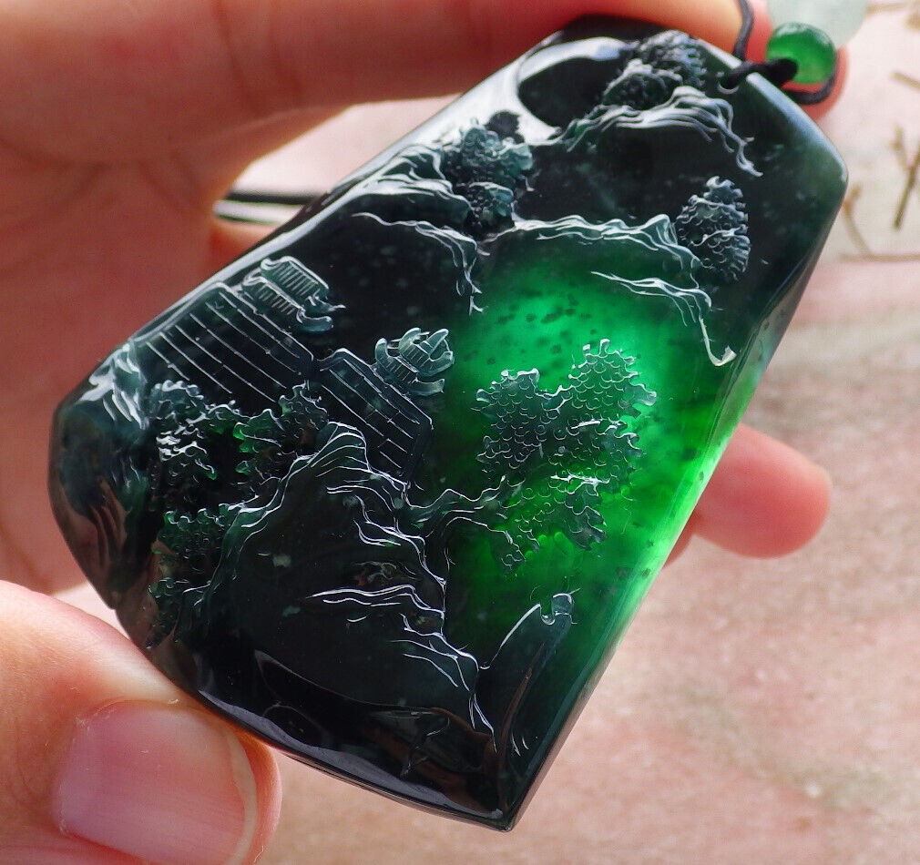 Certified Icy Blue Water Burma 100% Natural A Jade jadeite Pendant Landscape painting Tree Necklace 山水画 633943 TN