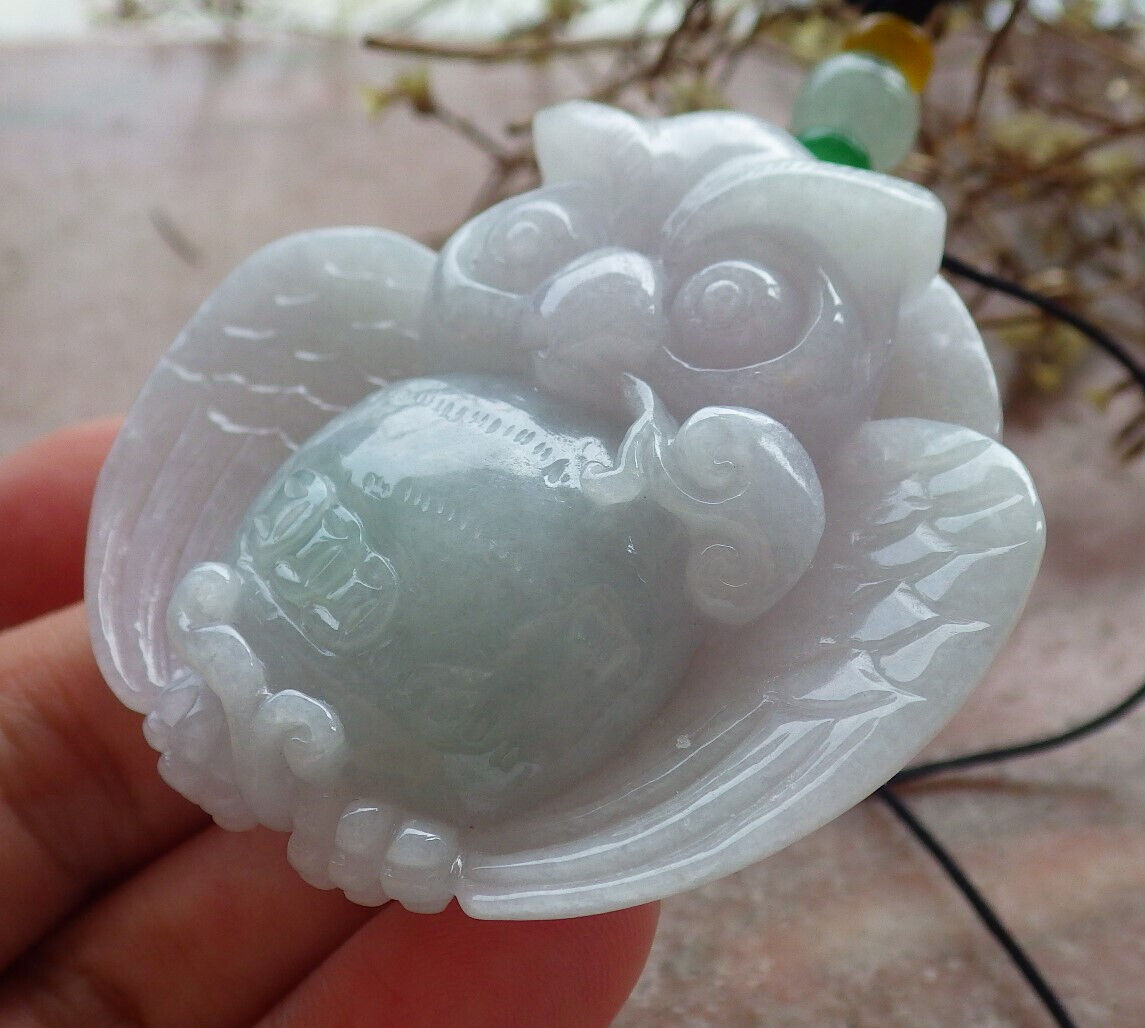 Certified Green Pale Lavender Burma 100% Natural A Jade jadeite Pendant Owl Ruyi Coin Necklace 猫头鹰 633436 TN