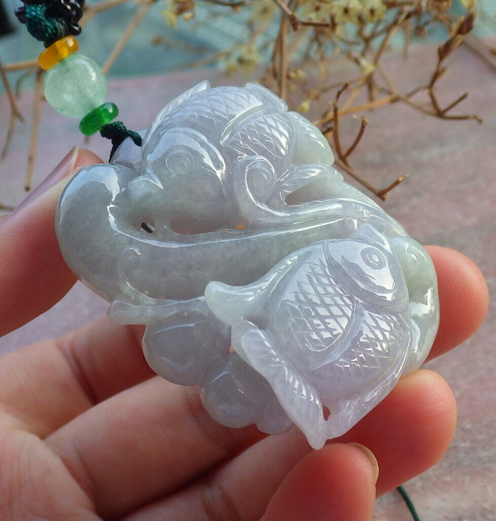 Certified Lavender Green Burma 100% Natural A Jade jadeite Pendant Fish Yuan Bao Necklace 年年有余 634285 TN