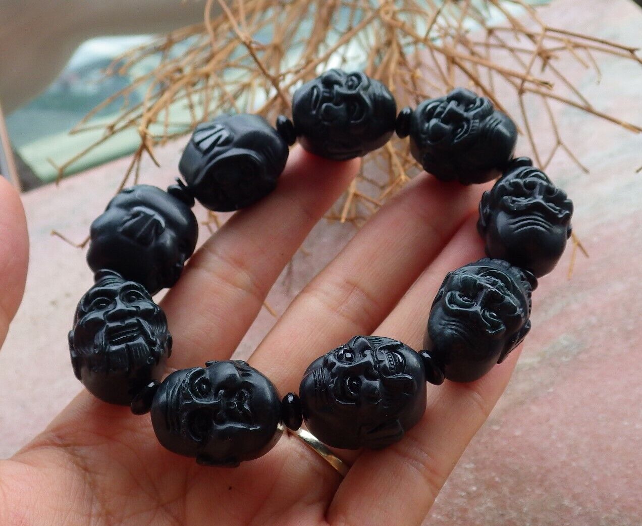 Certified Black Green 100% Natural A JADE Jadeite Bead Beads Bangle Beads Bangle Beads Bangle Da Mo Bracelet 墨翠手链 523536 TN ** It can adjust 8 inches to 9 inches