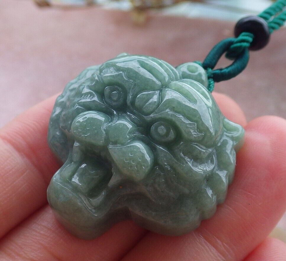 Certified Green Burma 100% Natural A Jade jadeite Pendant Tiger Head Necklace 虎虎生威 569997 TN