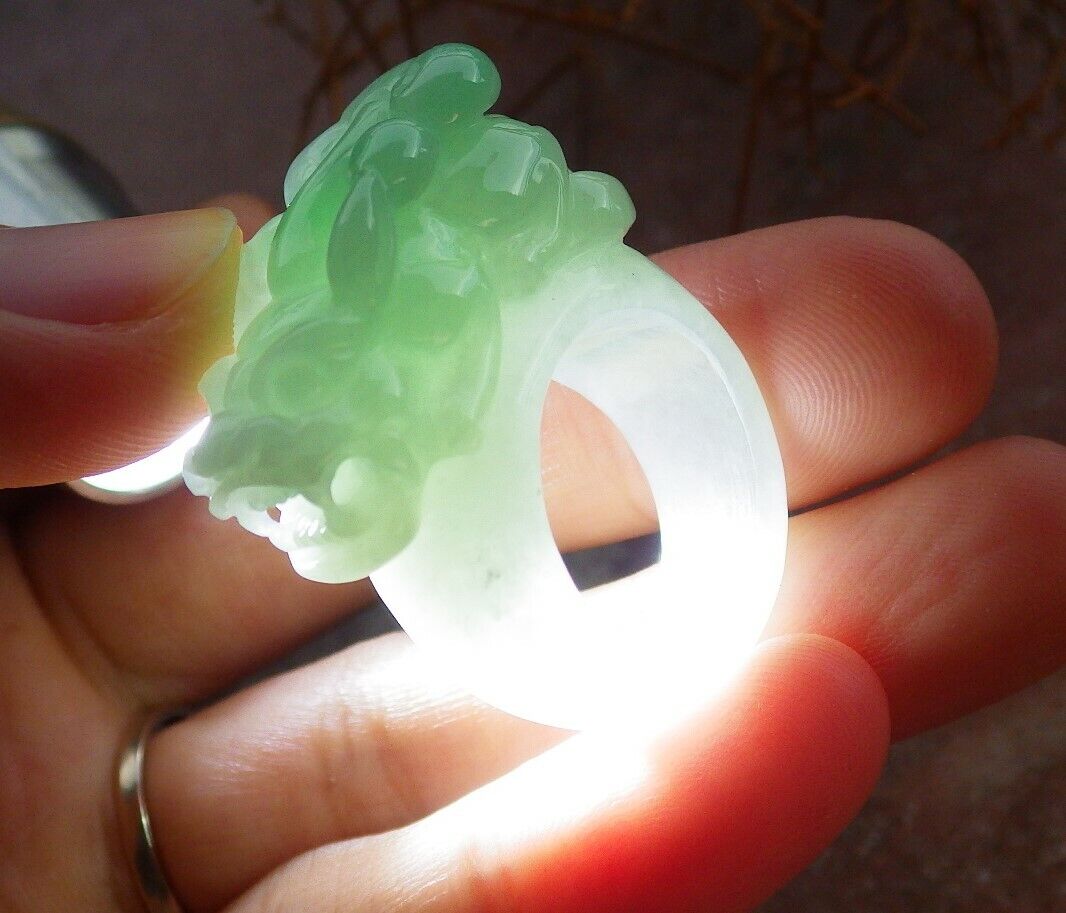 Certified Green Pale Lavender 100% Natural A JADE Jadeite Dragon Pi Xiu Lotus Flower Ruyi RING USA. 5.25 戒指 523568 TN