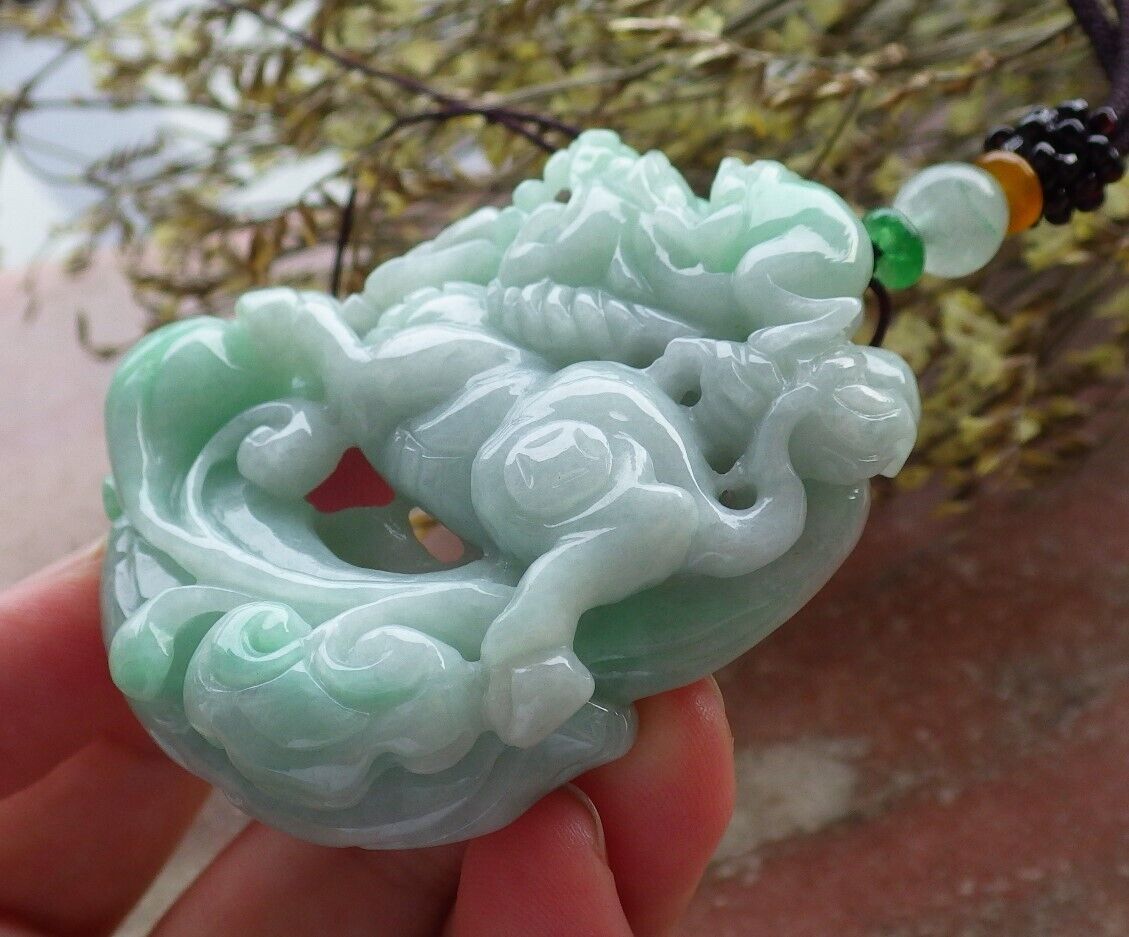 Certified Green Burma 100% Natural A Jade jadeite Pendant Dragon Kai Lun Frog Toad Necklace 574011 TN
