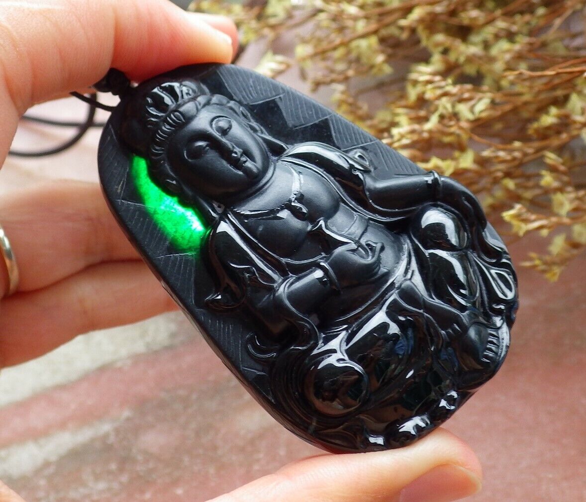 Certified Green Black 100% Natural A Jade jadeite pendant Guanyin Kwan Yin Lotus Flower Necklace 墨翠 观音 525096 TN