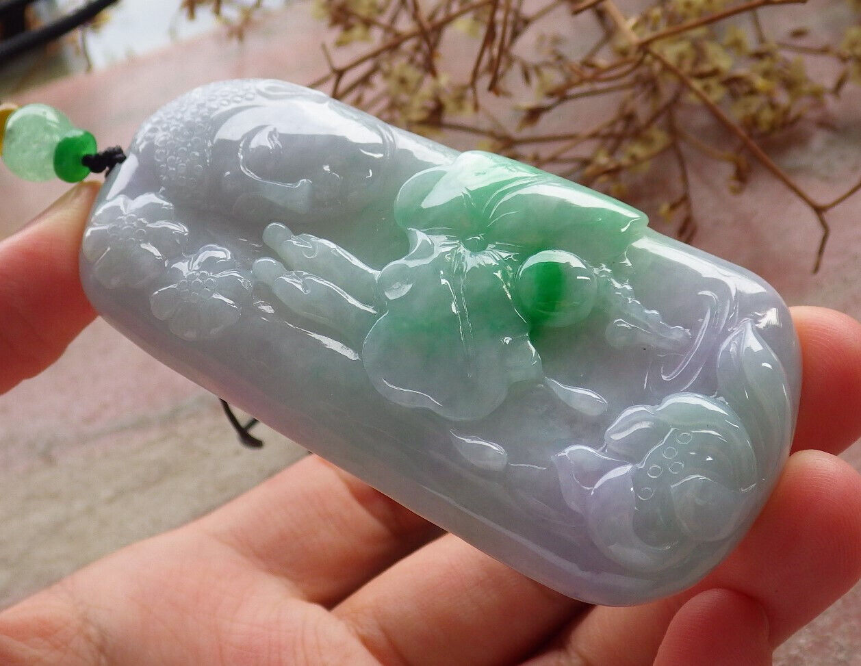 Certified Green Pale Lavender Burma 100% Natural A Jade jadeite pendant Sakyamuni Buddha God Lotus Flower Leaf Necklace 释迦牟尼 633589 TN