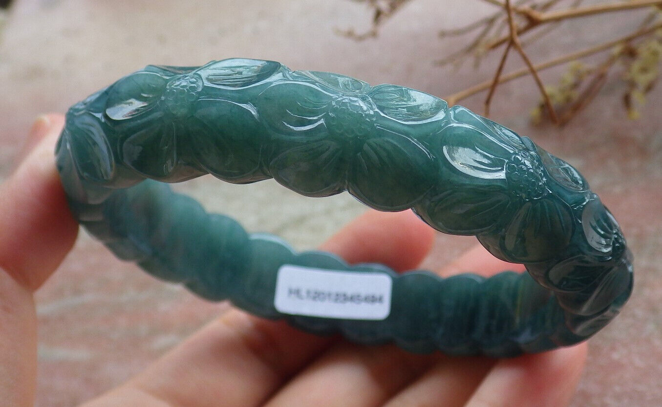 Certified Icy Blue Water Green Burma 100% Natural A JADE Jadeite Flower Bangle Bracelet 64 mm 635331 TN