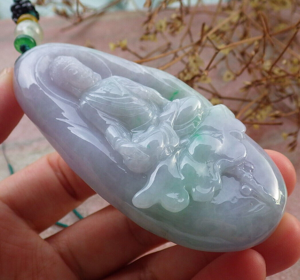 Certified Green Pale Lavender Burma 100% Natural A Jade jadeite pendant Sakyamuni Buddha God Lotus Leas Necklace 释迦牟尼 633609 TN