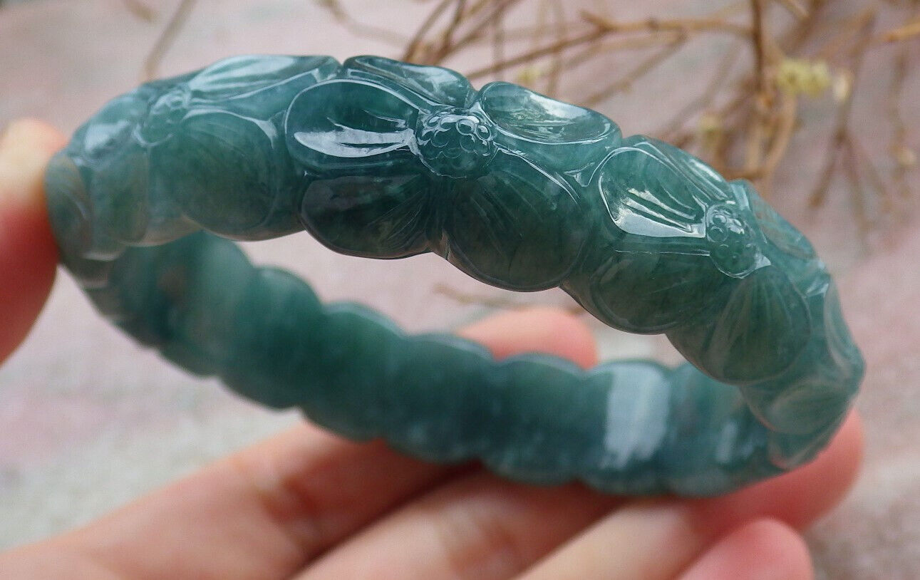Certified Icy Green Burma 100% Natural A JADE Jadeite Flower Bangle Bracelet 58 mm 635488 TN