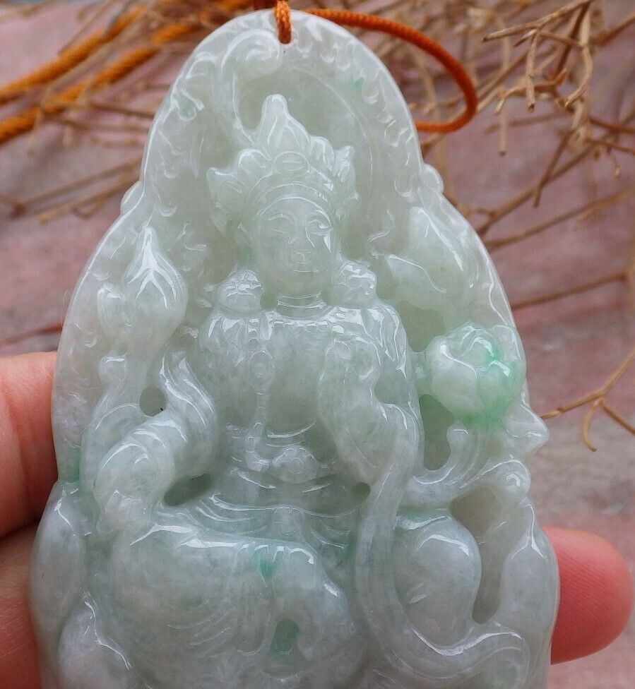 Certified Green 100% Natural A Jade jadeite pendant Guanyin Kwan Yin Lotus Flower Necklace 观音 519948 TN