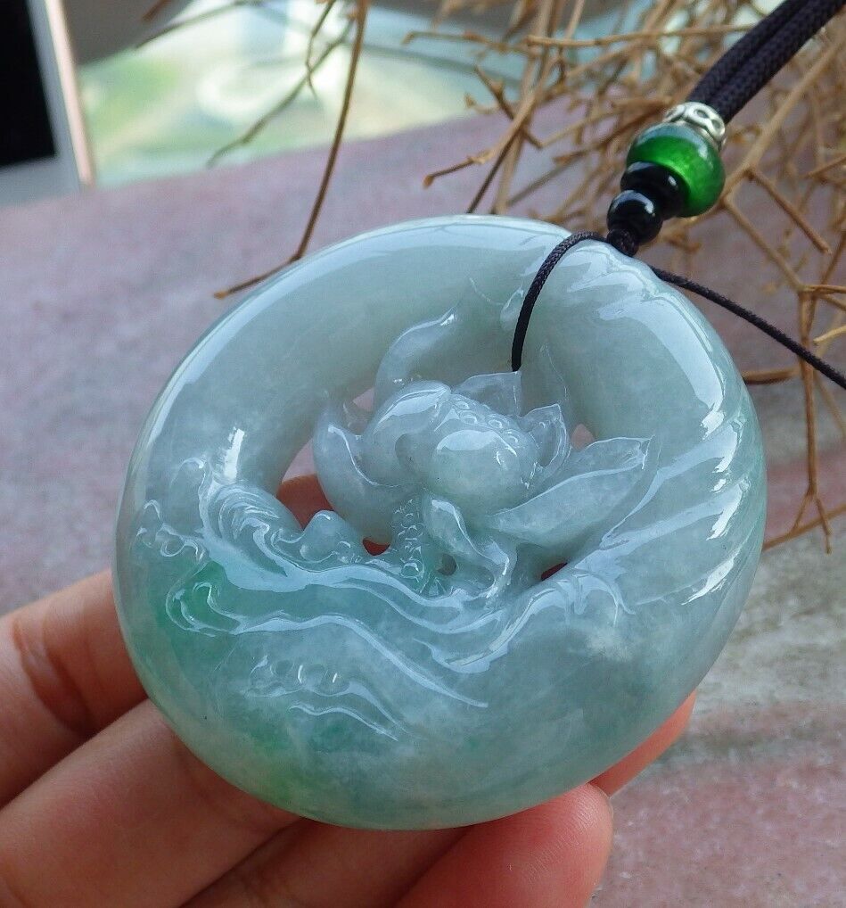 Certified Icy Green 100% Natural A Jade jadeite Pendant Lotus Flower Circle Necklace 花平安扣 521111 TN