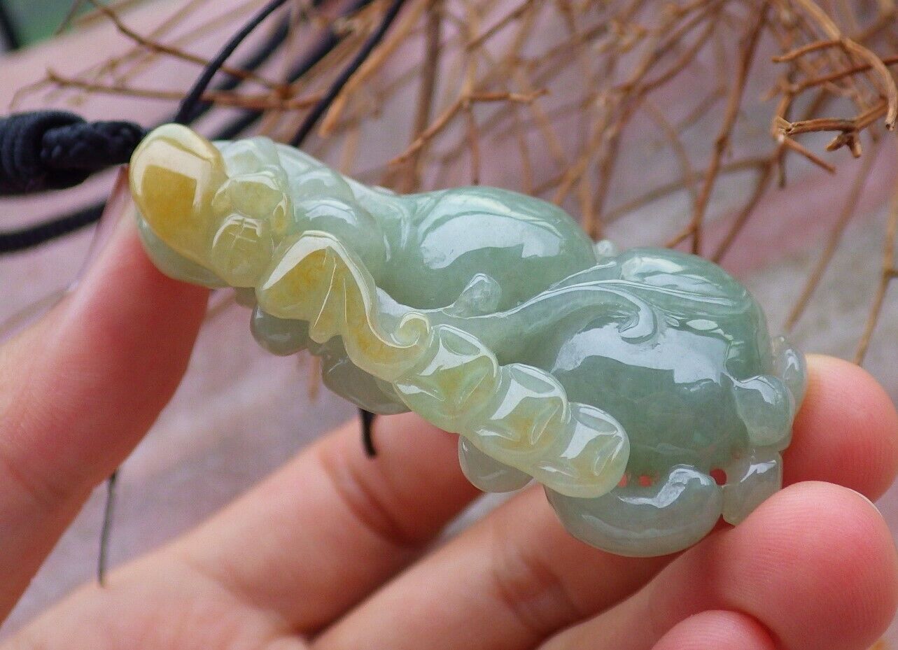 Certified Yellow Green 100% Natural A Jade jadeite Pendant Bat Gourd Lotus Flower Ruyi Necklace 蝙蝠 528172 TN