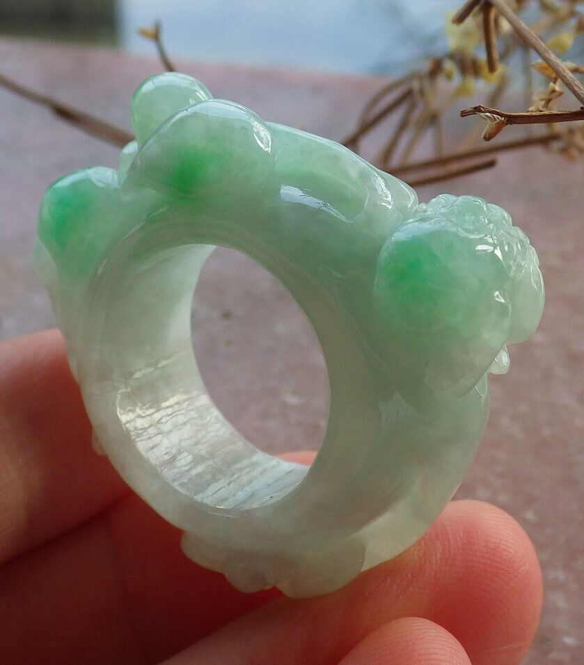 Certified Green Burma 100% Natural A JADE Jadeite Frog Toad Lotus Flower RING USA. 8.25 戒指 634202 TN