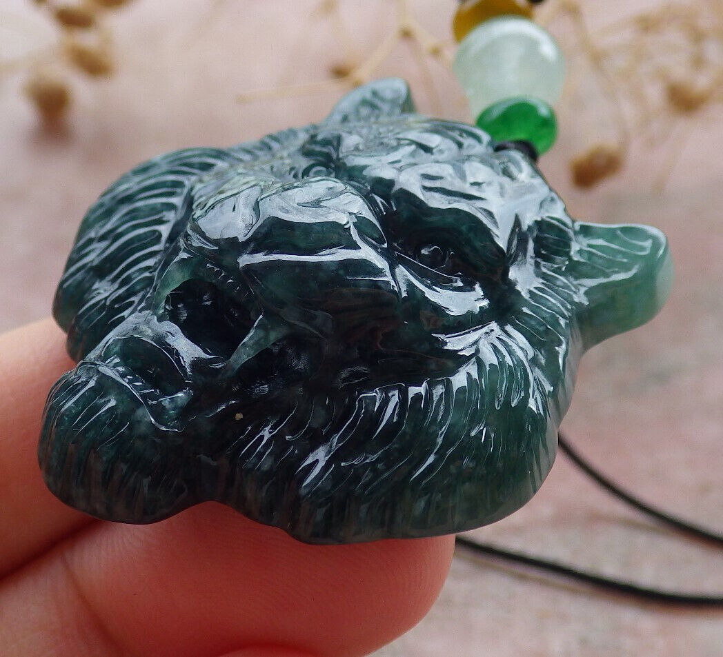 Certified Icy Green Burma 100% Natural A Jade jadeite Pendant Tiger Head Necklace 虎虎生威 636150 TN